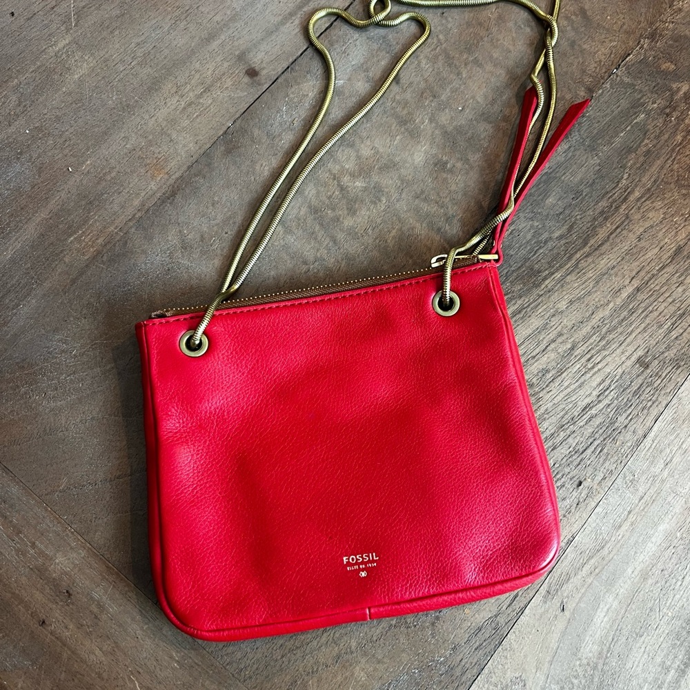 Genuine leather- Fossil Red Crossbody Bag with Gold Chain- New with tags